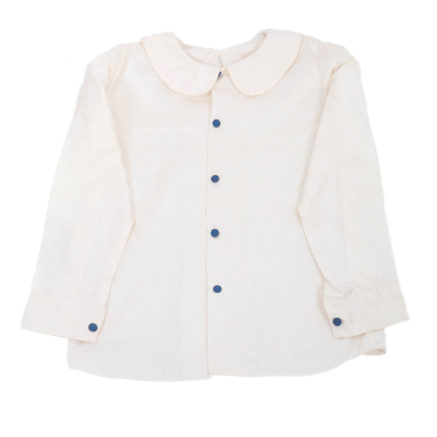 An ivory silk pageboy shirt with peterpan collar and covered blue buttons - The Little Wedding Company