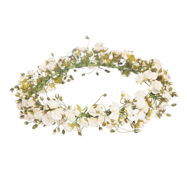 A large crown made of delicate ivory flowers with green stems - The Little Wedding Company