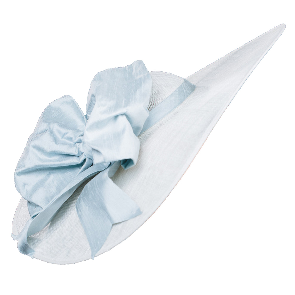 A large white hat with a large pale blue taffeta bow at the front - The Little Wedding Company