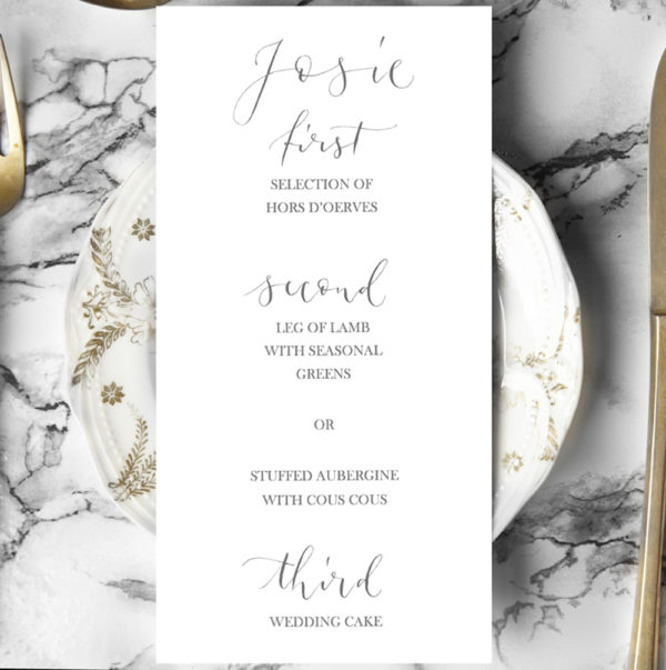 A white handwritten calligraphy menu - The Little Wedding Company