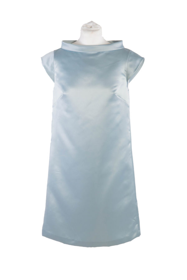 A blue duches satin dress with boat neck - The Little Wedding Company