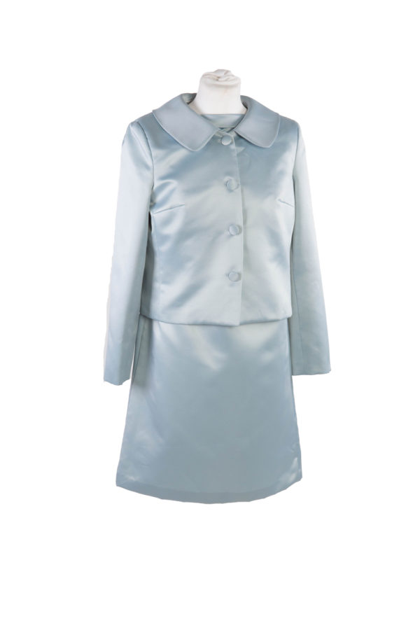 A blue duchess satin dress and jacket - The Little Wedding Company