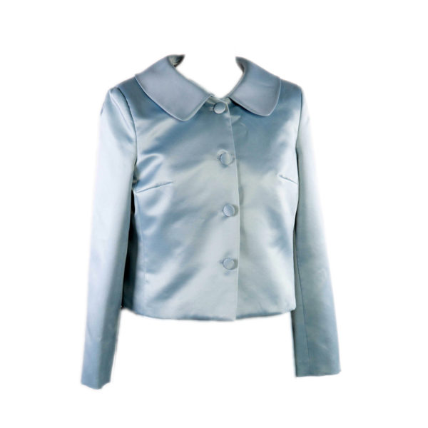 A short blue duchess satin jacket with collar and covered buttons - The Little Wedding Company