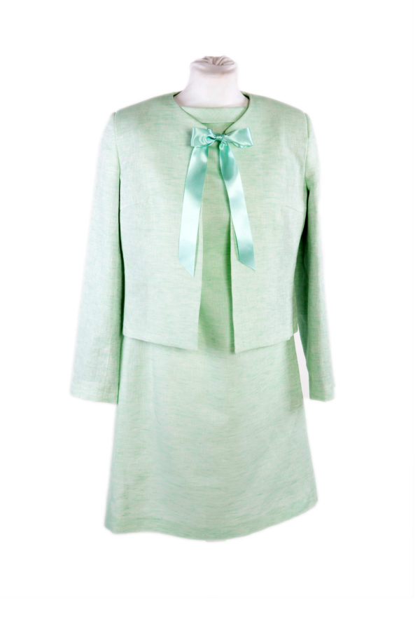 A green linen jacket and dress with ribbon front - The Little Wedding Company