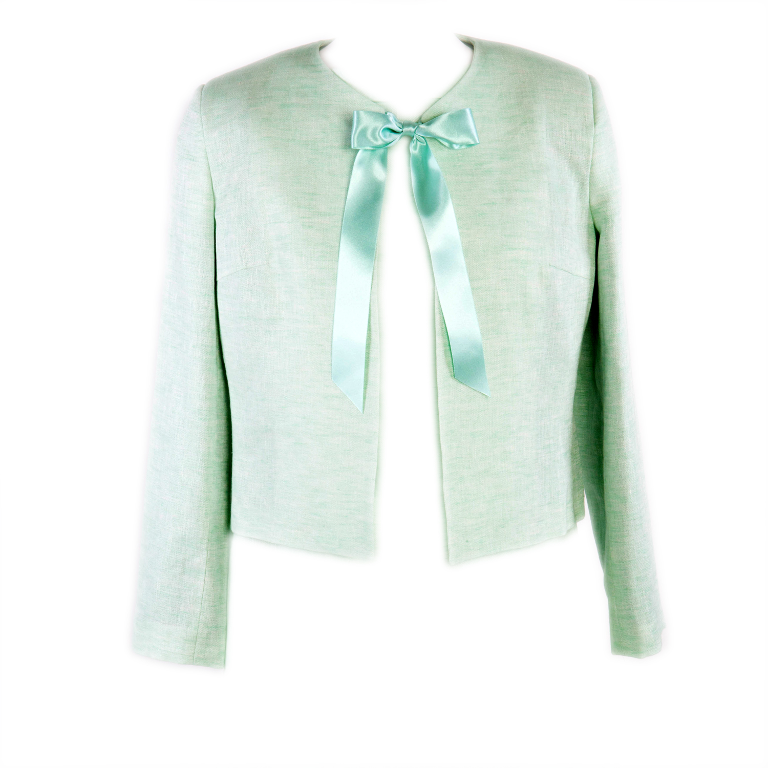 A green linen short jacket with ribbon front - The Little Wedding Company