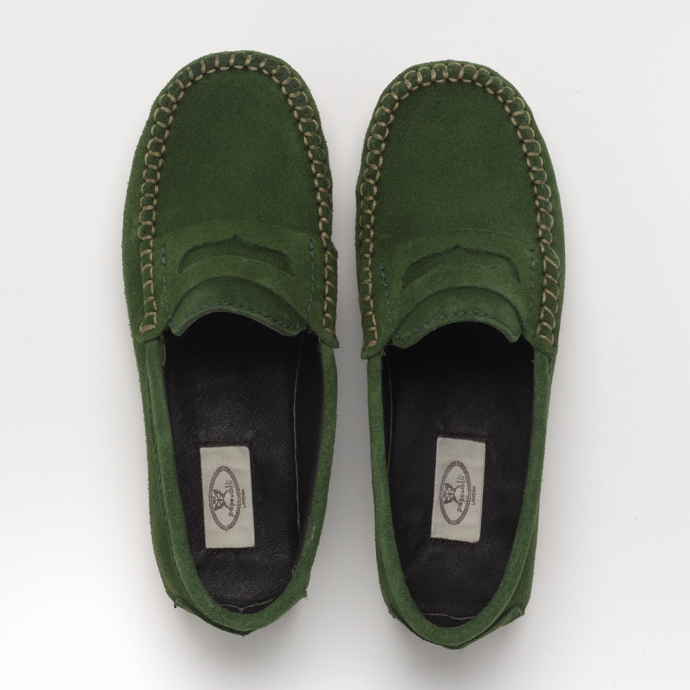 A pair of Papouelli emerald green suede boys loafers - The Little Wedding Company