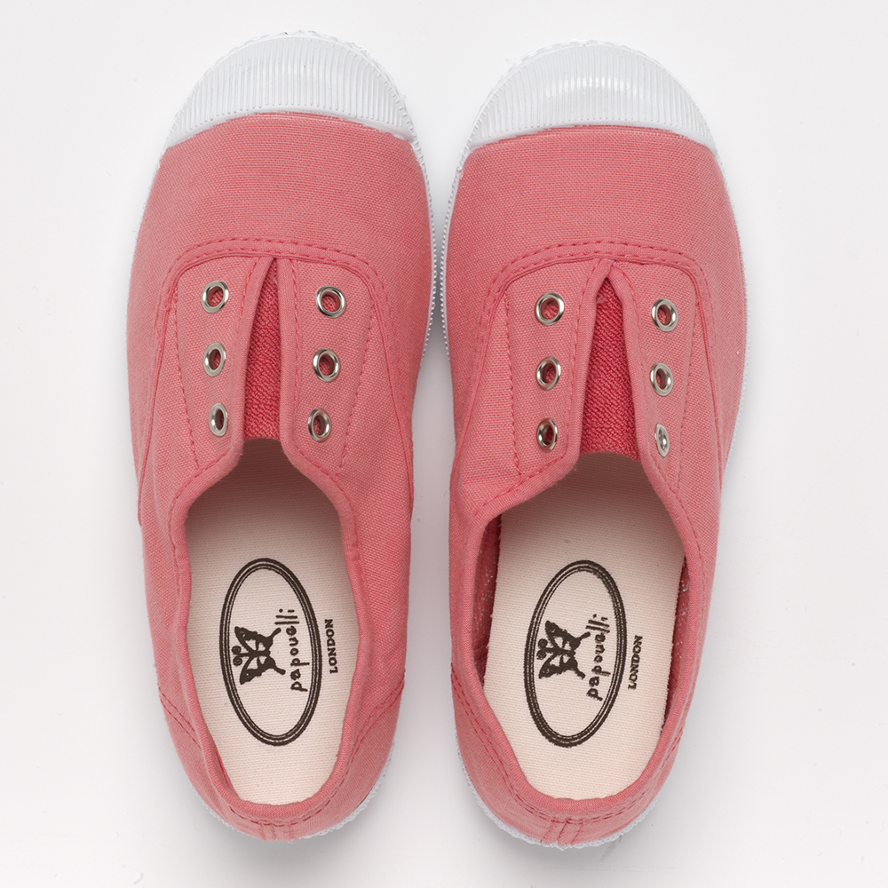 A pair of Papouelli coral pink pumps - The Little Wedding Company