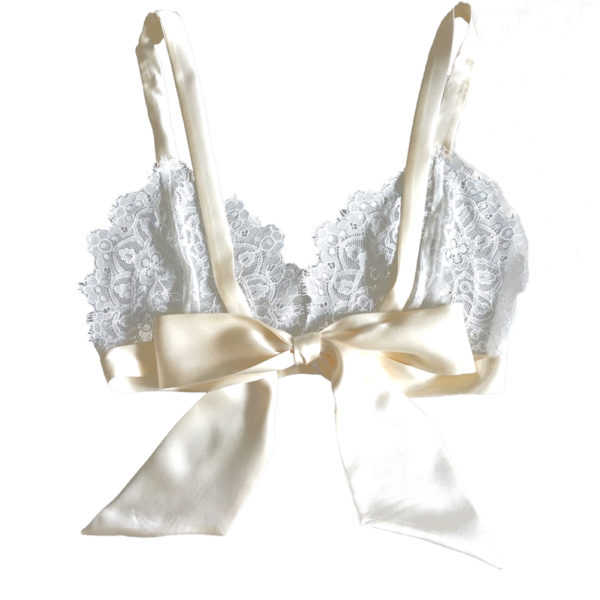 A lace bralet with silk bow back for brides - The Little Wedding Company